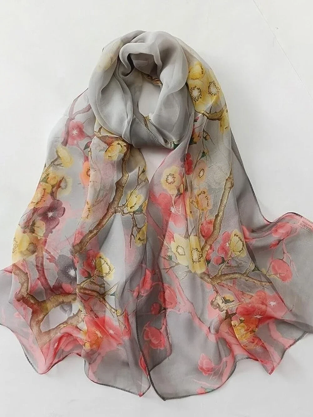 Pink Cherry Blossom Yellow Floral Lightweight Scarf Chiffon Shawl Wrap 63